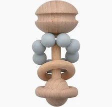 Wooden baby rattle and teething toy with blue beads on a white background