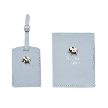Bambino blue baby passport holder and luggage tag gift set.