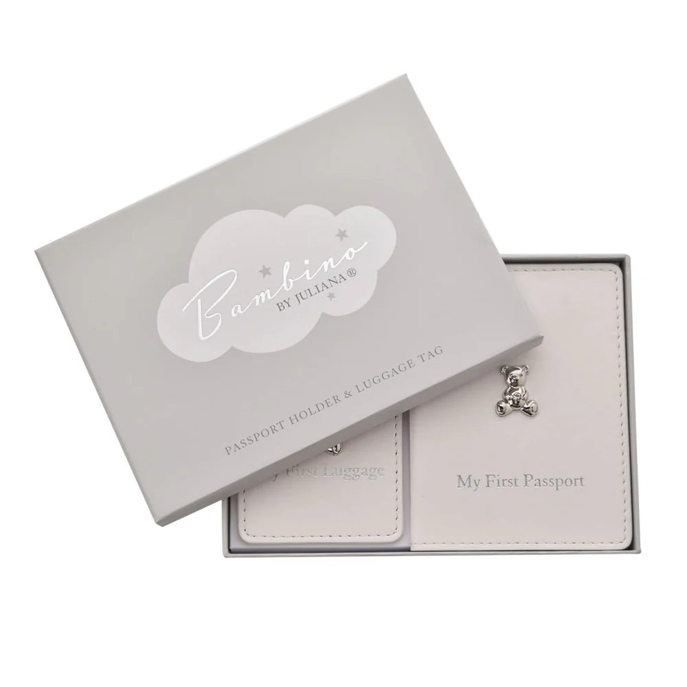 Bambino white baby passport holder and luggage tag gift set.
