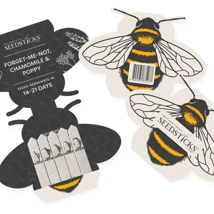 Seedsticks shaped like bees with bee illustrations on a white background