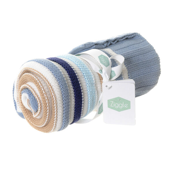 Blue, white and beige cotton striped baby blanket.