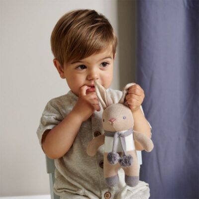 GOTS Certified Bunny Soft Toy And Rattle, Threadbear Designs Taupe Bunny Rattle, Newborn Baby Gifts