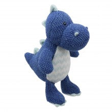 A Knitted dragon soft baby toy in blue and grey.