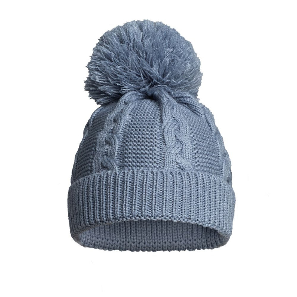 Dusky blue baby pompom hat 0-12 months.