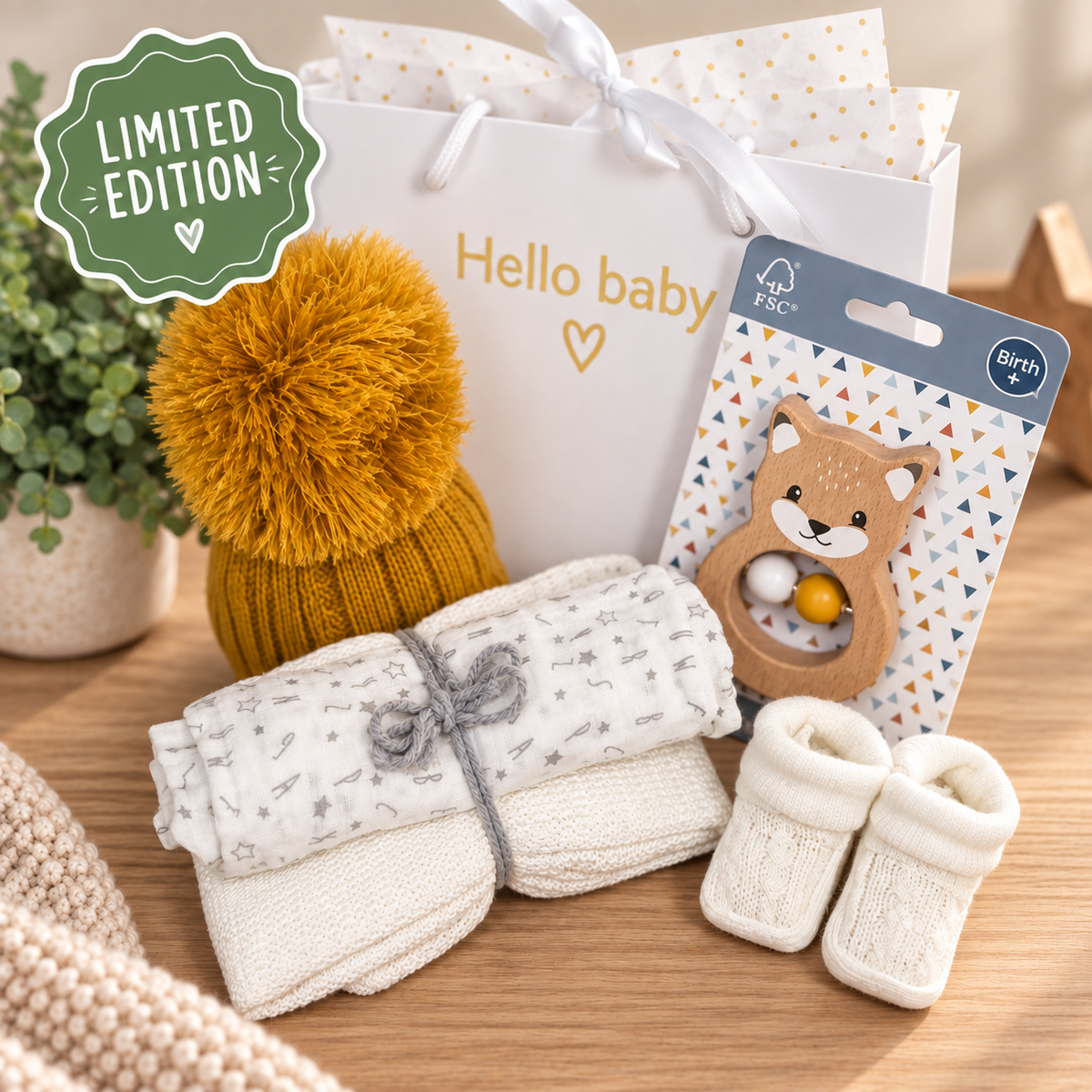 Baby gift hamper featuring a white patterned muslin, a white bamboo cellular baby blanket, a pair of white knit booties, a mustard yellow pom-pom baby hat, a white 'Hello baby' gift bag, and a packaged wooden animal teether .