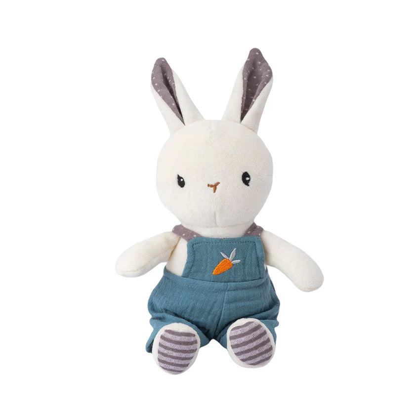 28cms organic plush baby soft toy bunny in turquoise blue dungarees.