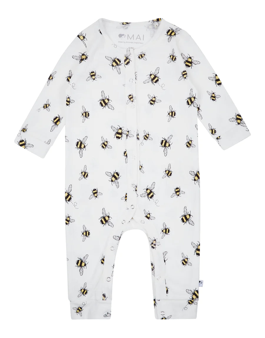 Bee print baby romper made from GOTS certified cotton