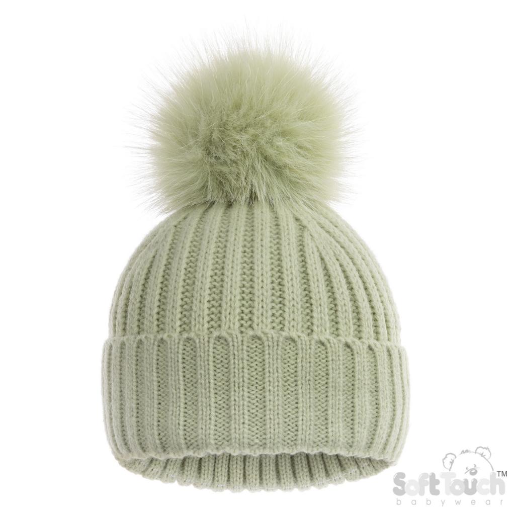 mint coloured baby pompom hat with a slight glittery pompom.