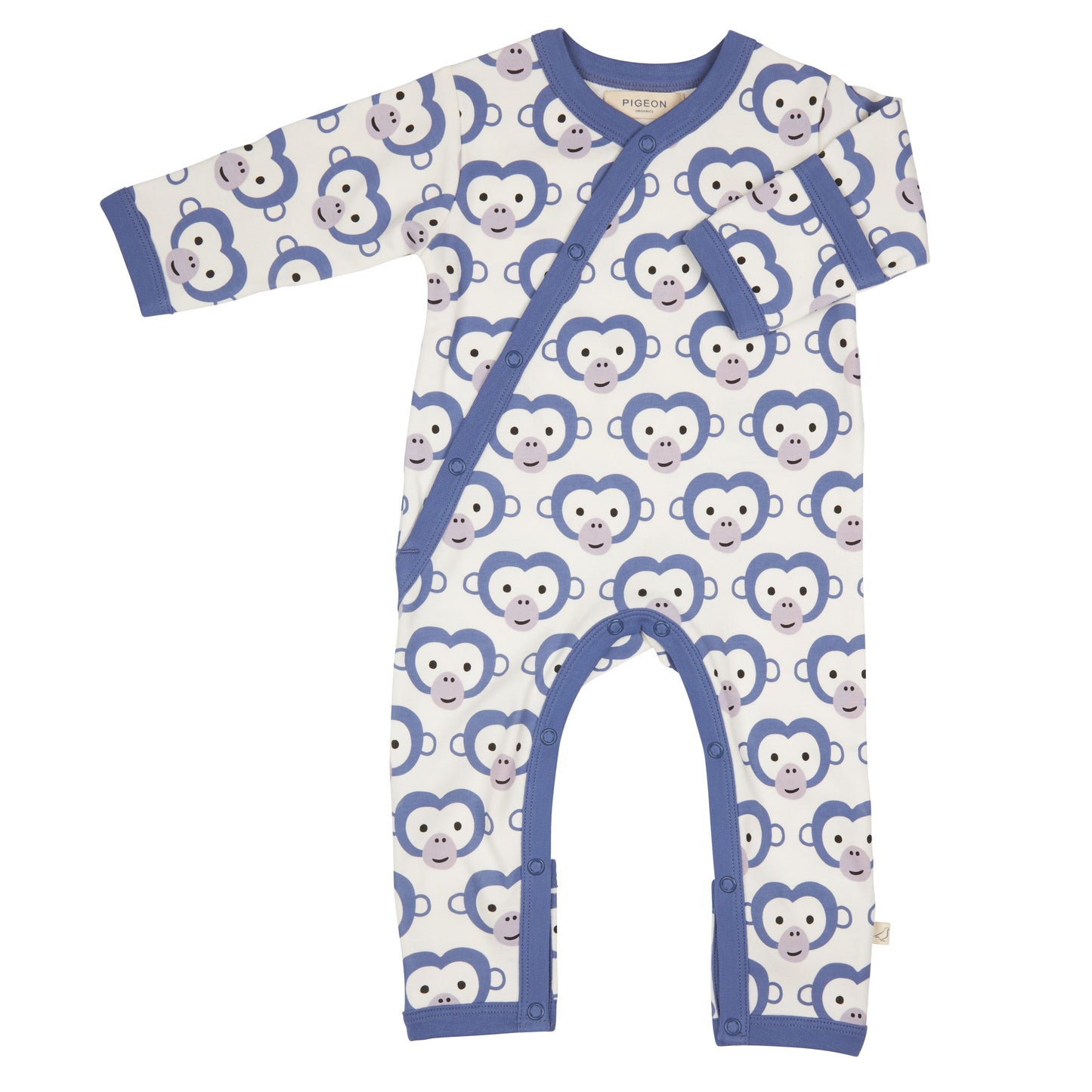 GOTS certified organic cotton baby romper in white with a blue and grey monkey face print.