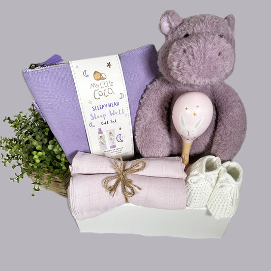 Baby girl hamper gift with Sleep toiletries set, baby muslins, baby soft toy, baby booties, baby keepsake box.