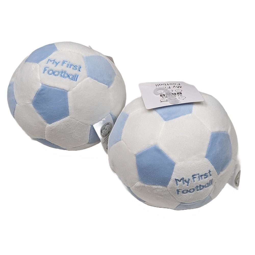 blue and white plush baby rattle in a football shape with "my first football" embroidered on it.