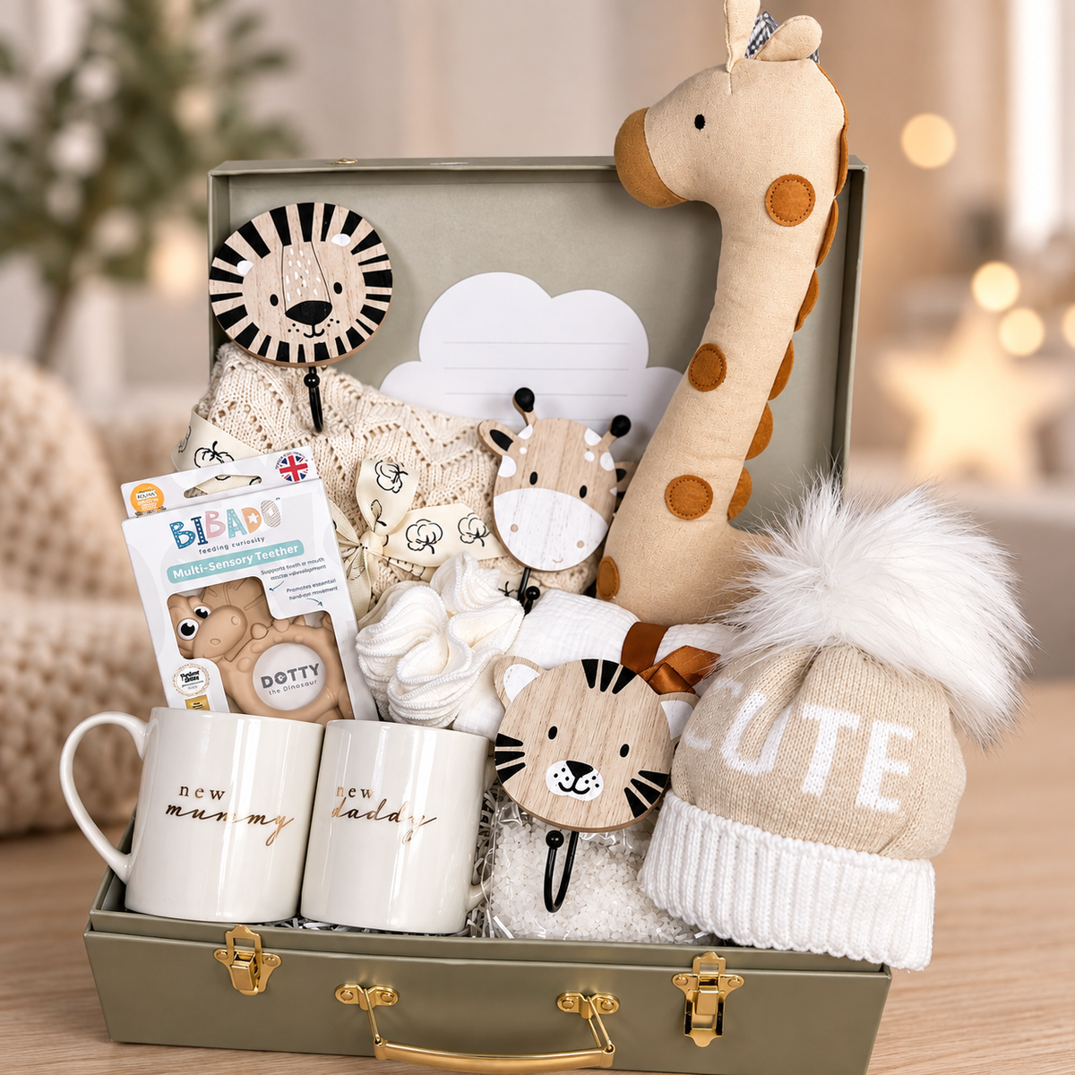 A safari-themed baby gift set arranged inside an olive green baby keepsake case. The set includes two white mugs with gold coloured text, a cotton giraffe toy, a knitted baby pompom hat, a cream cotton baby blanket, a Bibado giraffe shaped baby teether, baby muslin bamboo baby wipes and 3 nursery hooks.