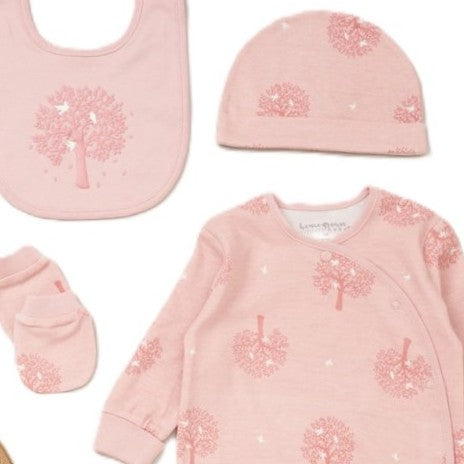 Baby clothing set with pink bib, hat, baby sleepsuit, and scratch mitts featuring tree designs.