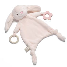 Pink plush bunny baby comforter toy with a 2 attached silicone baby teethers on a white background