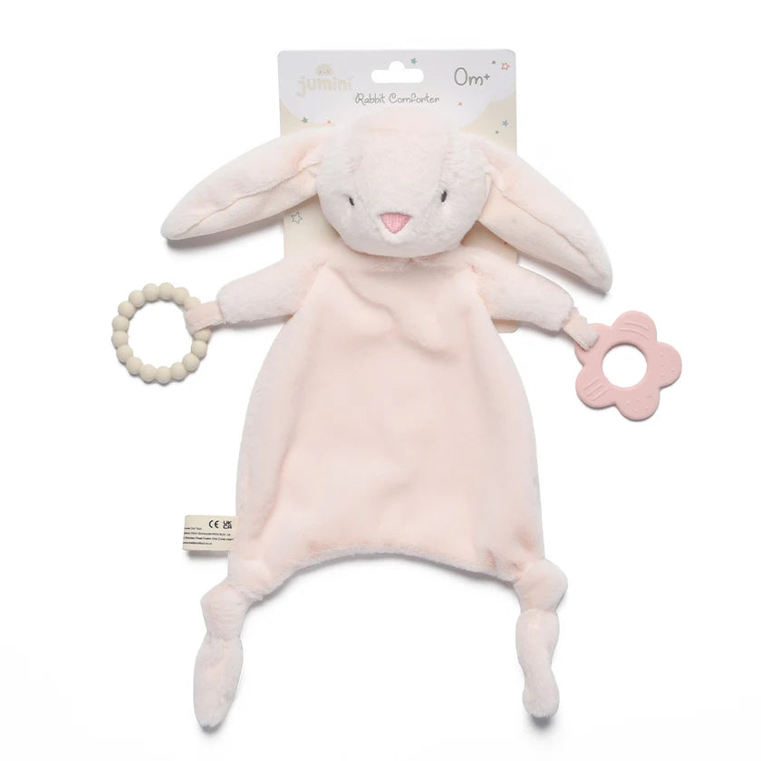 Pink plush bunny baby comforter toy with a 2 attached silicone baby teethers on a white background