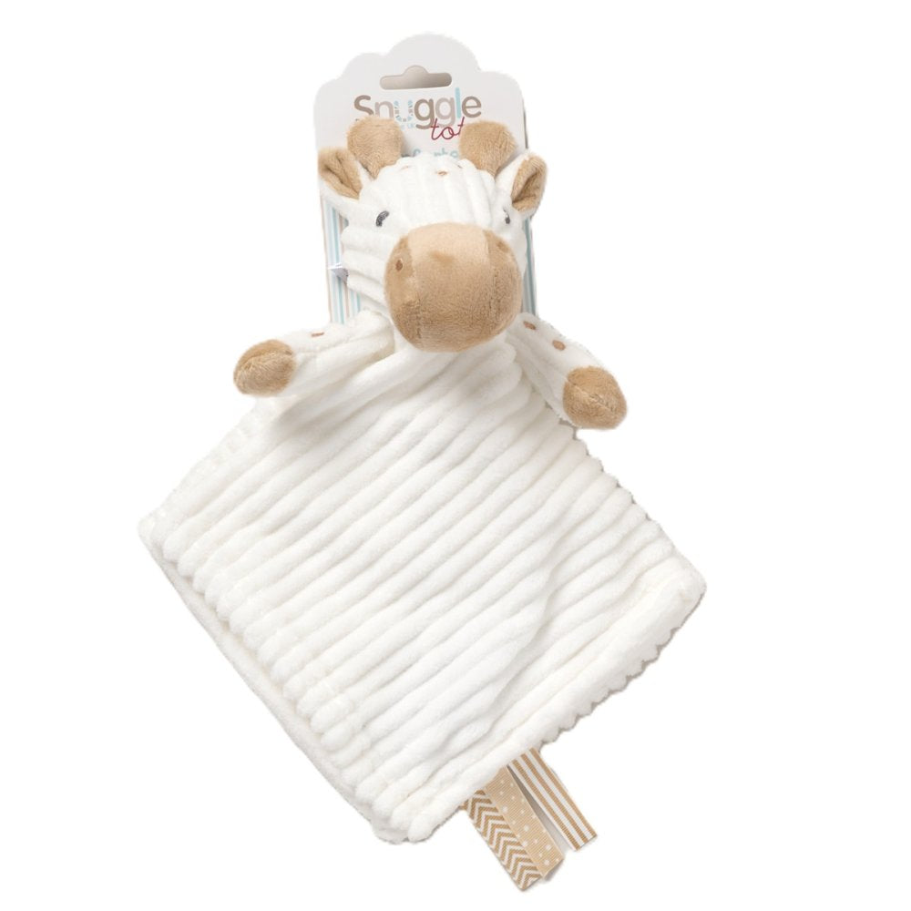 White plush giraffe baby comforter with brown accents on a white background