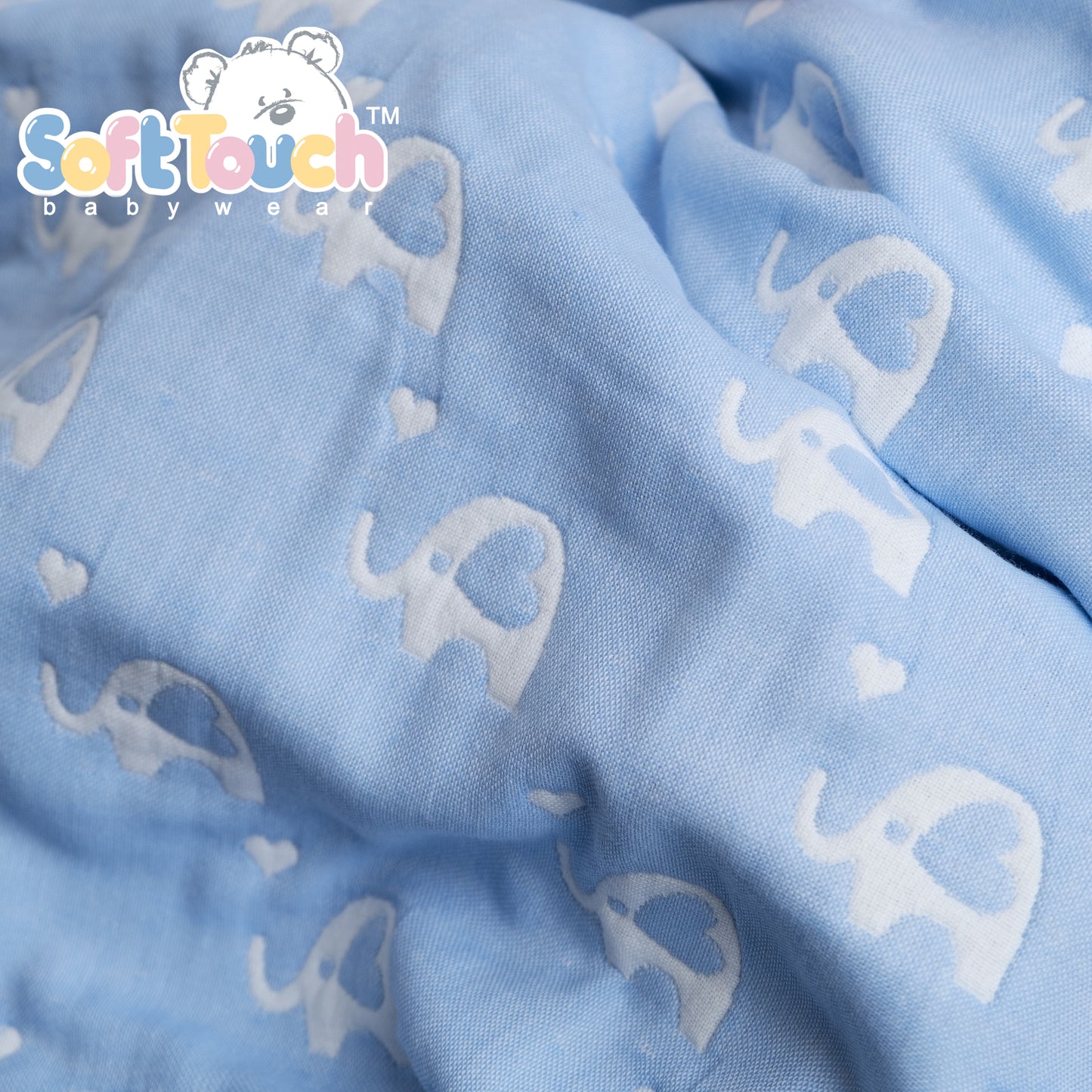 100% cotton blue baby wrap with a white elephant print.