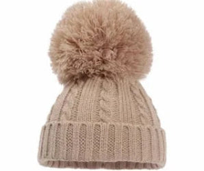 Soft Touch taupe baby pompom hat 0-12 months.