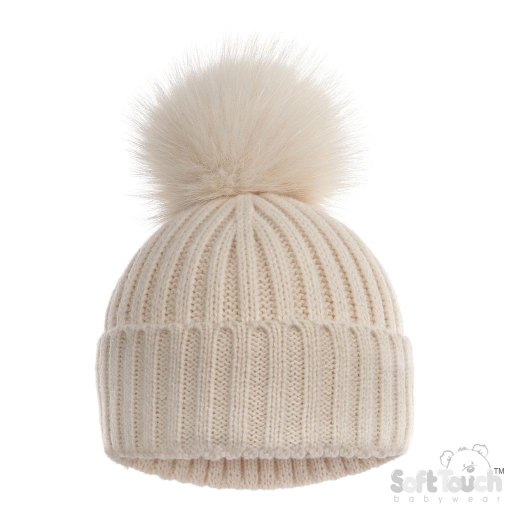 Taupe knitted beanie baby hat with a single fluffy pompom