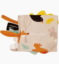 Cloth lift and flap baby book with a handy pram tie. Book is the stiry of a Squirel mummy trying to find her sleeping baby.