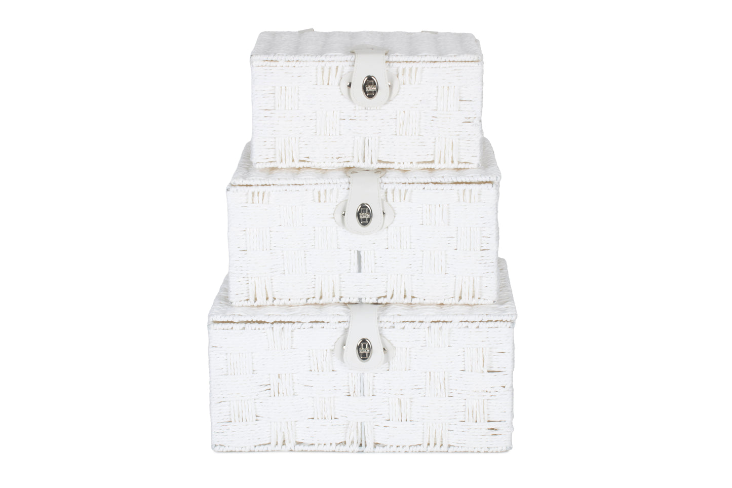 Set of three white paper rope baby Keepsake hampers on a white background