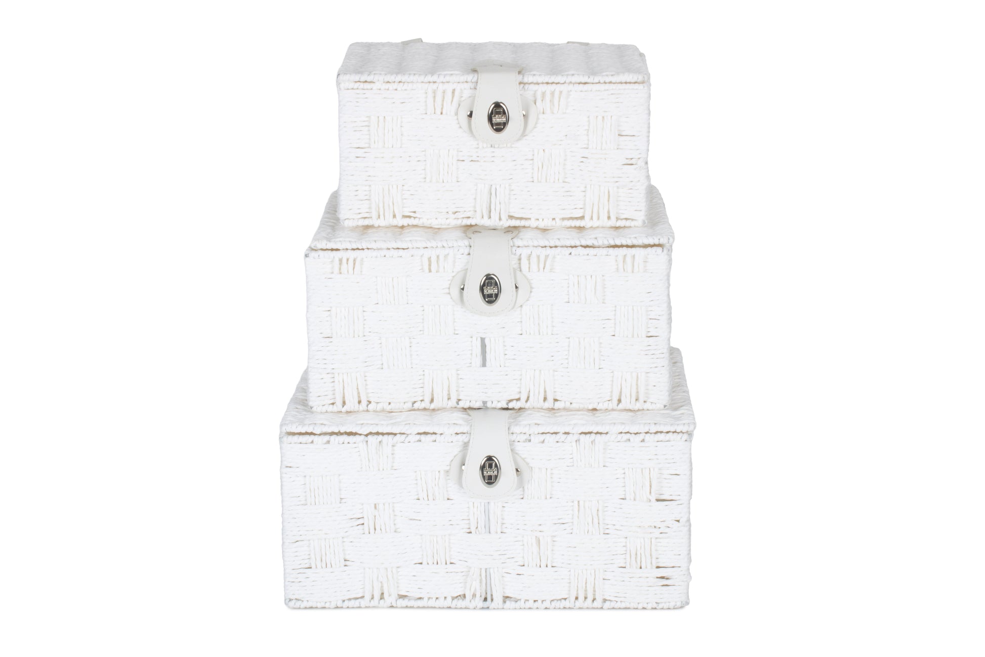 Set of three white paper rope baby Keepsake hampers on a white background