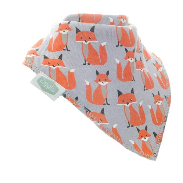 Ziggle fox print baby bib in orange white and grey.