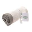 A white cotton cellular baby blanket with a grey trim.