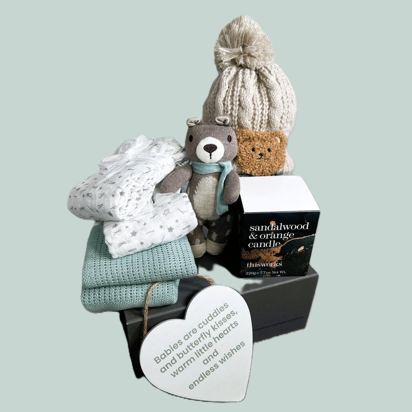 Baby Shower Gifts - "Beary Lovely" Unisex Baby Hamper, Sandalwood and orange candle