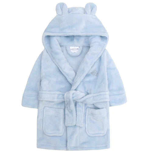 A light blue plush hooded baby bathrobe with bear ears on the hood, a tie belt, and front patch pockets, shown on a plain white background.