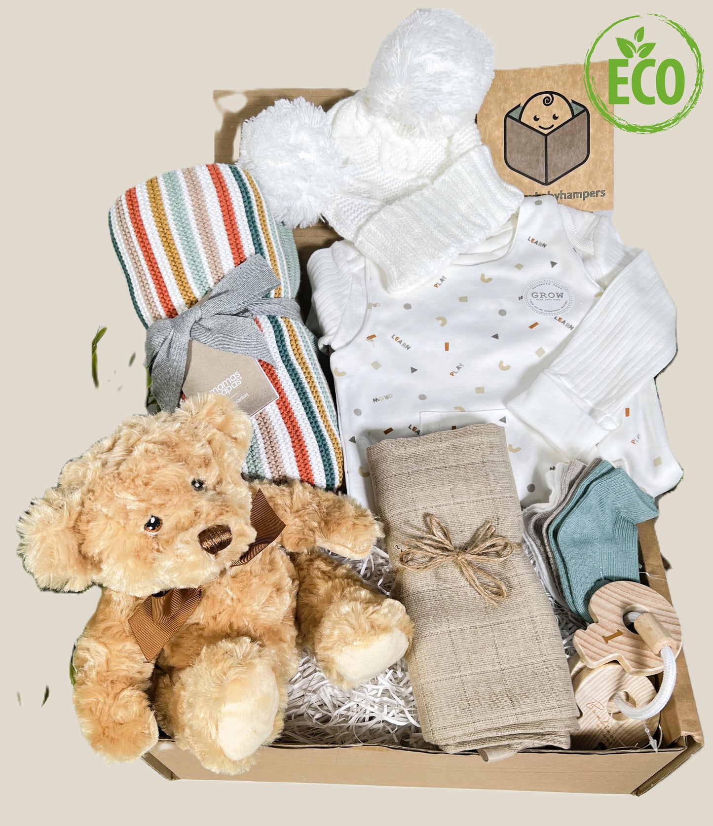 Neutral New Baby Gift Hamper -Cuddle Up Tight, Eco Friendly New Baby Hampers, Cotton Baby Blankets, Baby Shower Gifts, Maternity Leave Presents.