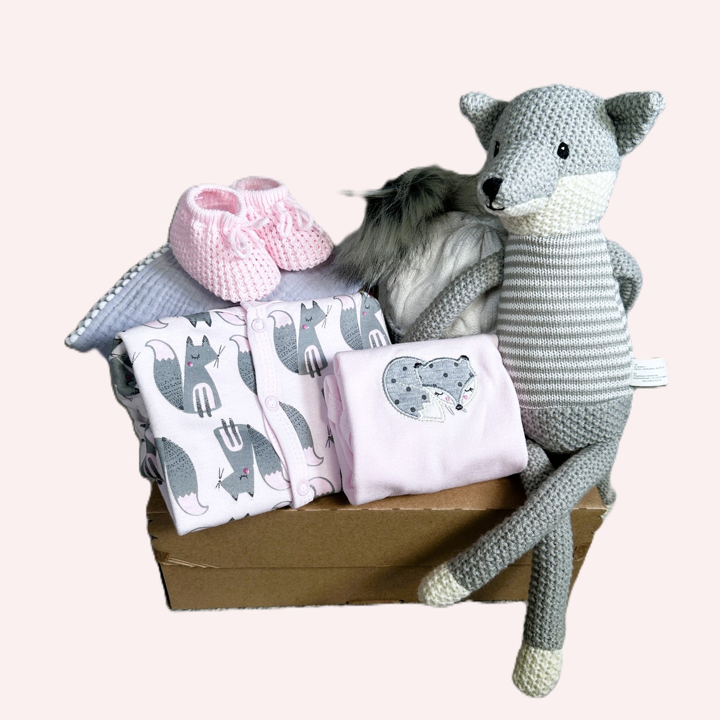 PINK NEW BABY HAMPER WITH FOX KNITTED TOY AND FOX PRINT BABY SLEEPSUIT