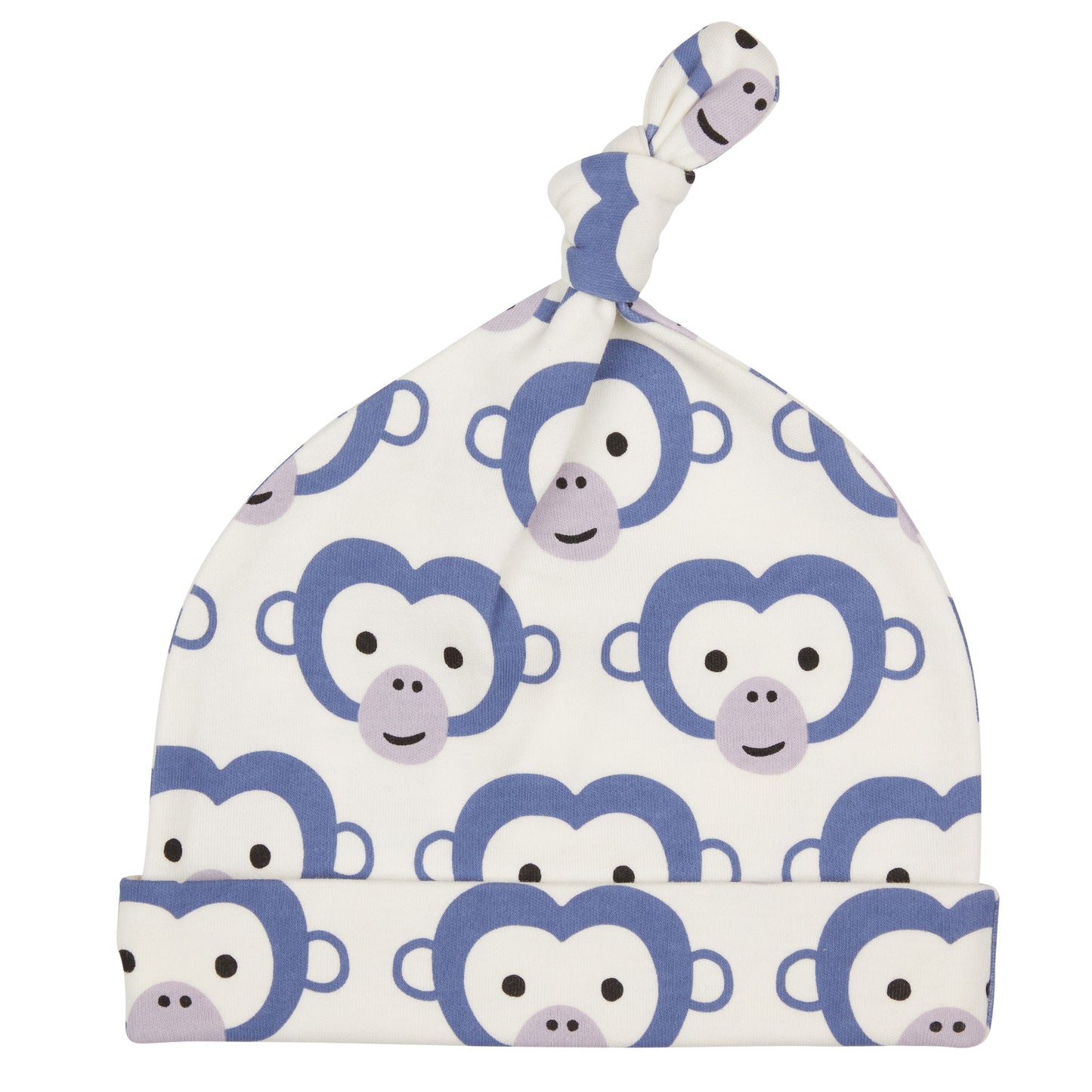 GOTS certified organic cotton baby knot hat in white with a blue and grey monkey face print.