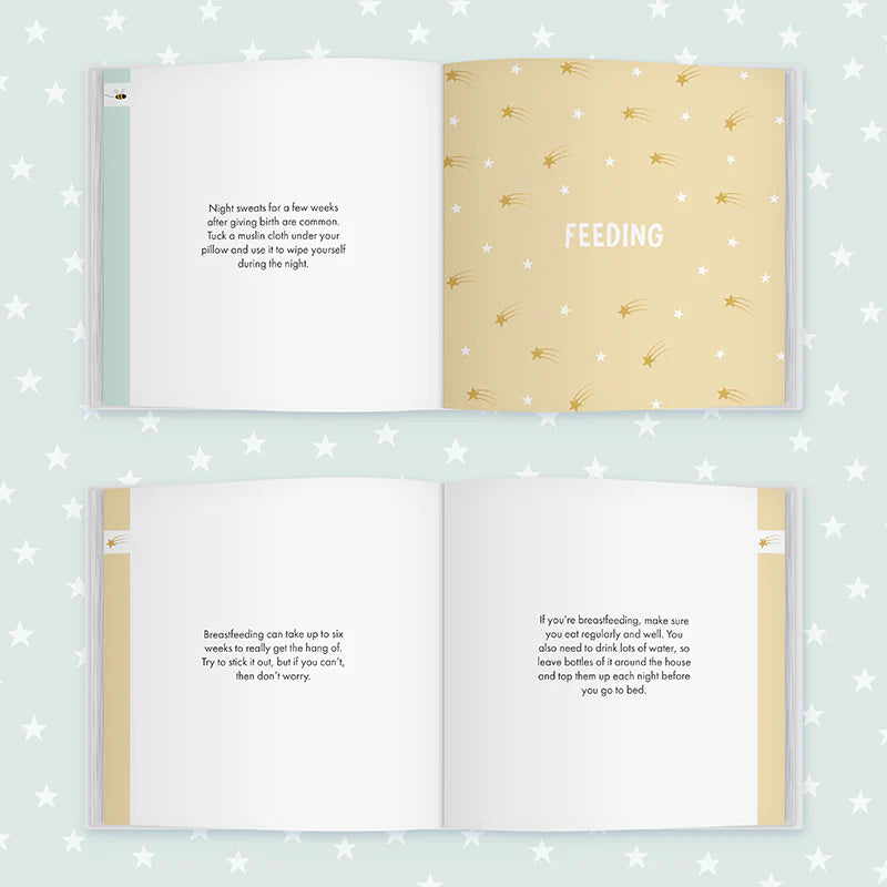 Open book with text on a light blue background with star patterns
