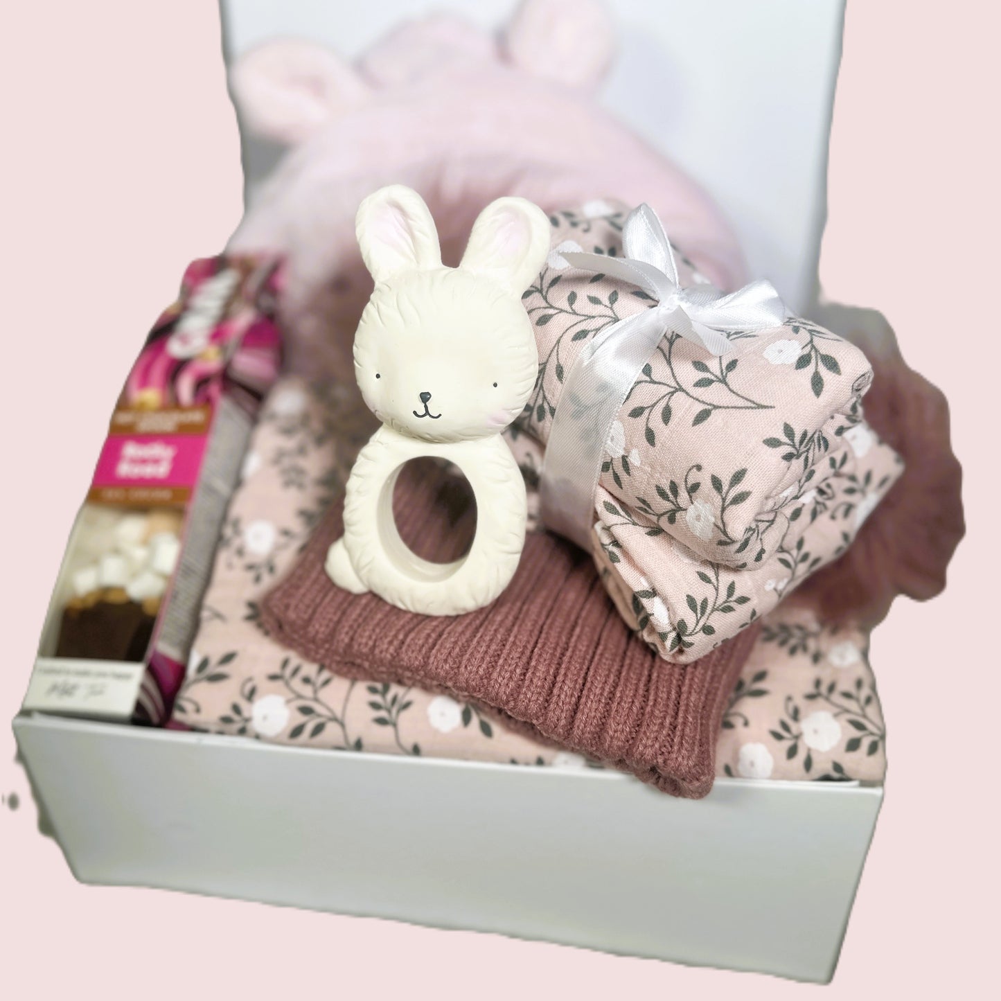 Baby gift set with rattle, blanket, and baby pompom hat