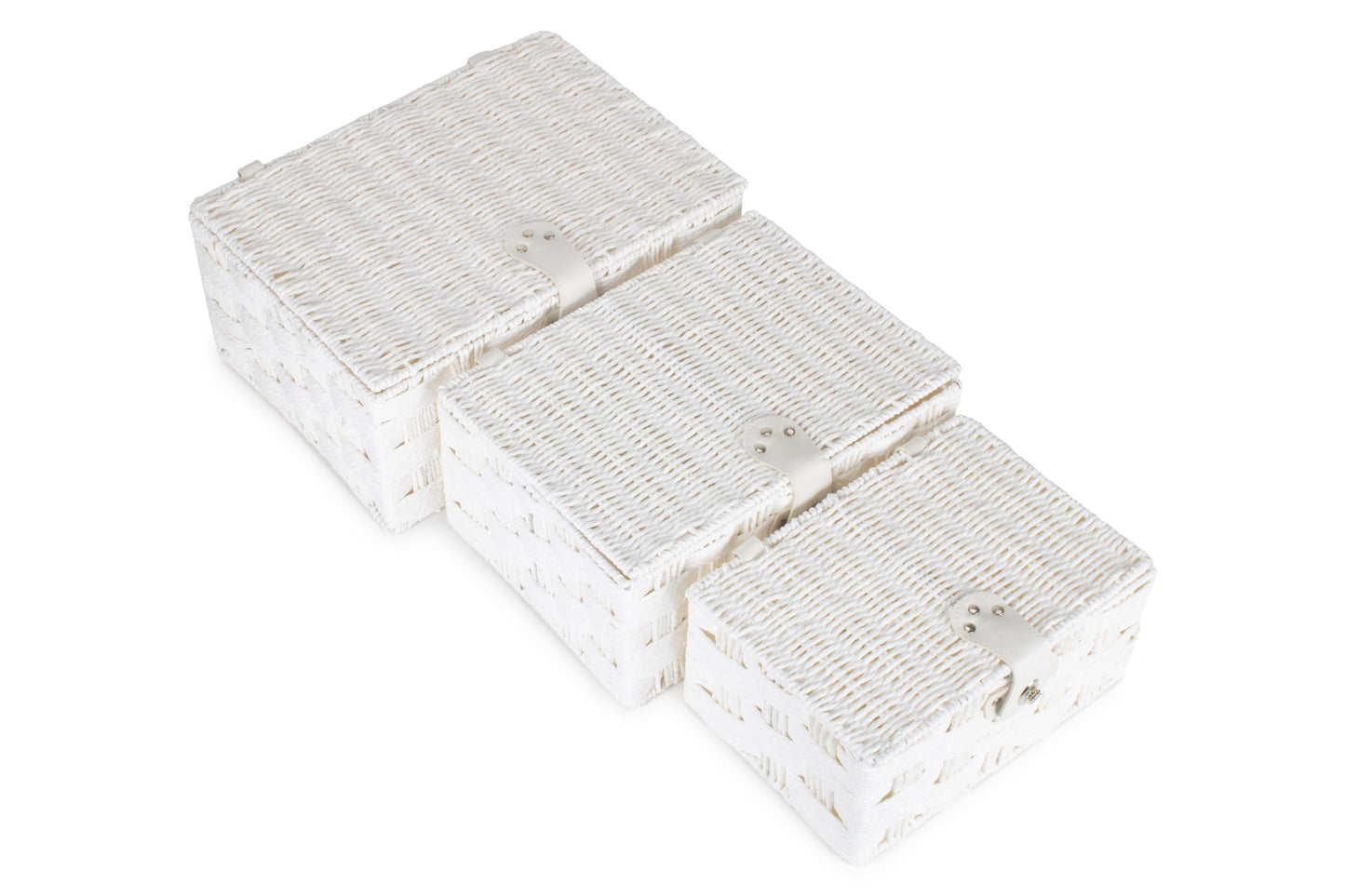 Three white paper rope hampers on a white background