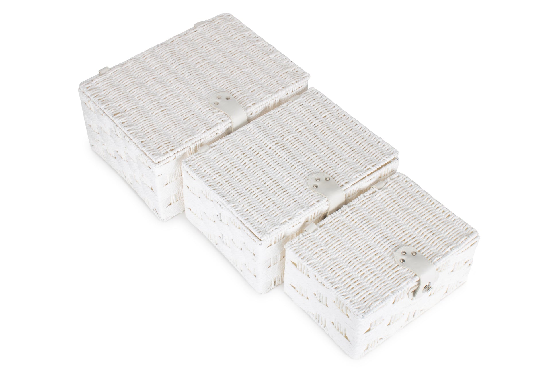 Three white paper rope hampers on a white background