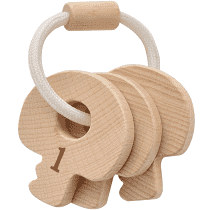 a set of FSC wooden teething keys for babies.