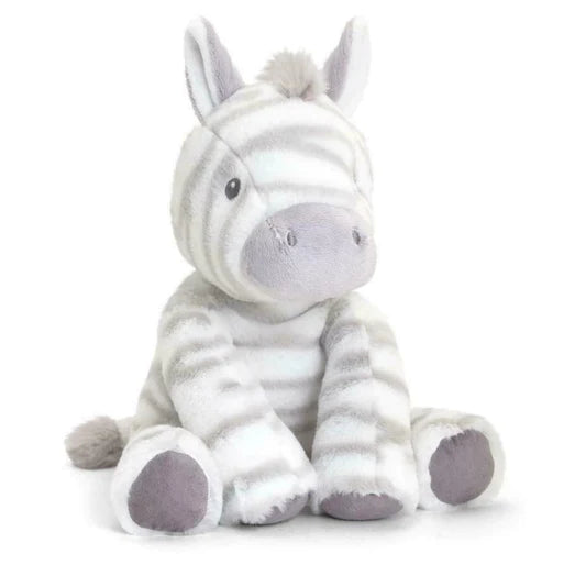 A 25cm Keeleco soft baby toy zebra in white and grey.