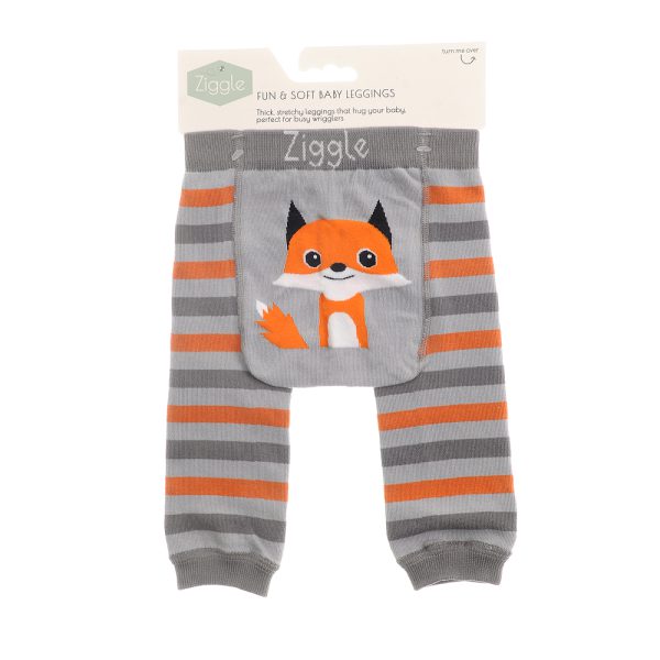 Ziggle orange and grey striped baby leggings with a fox face on the bottom.
