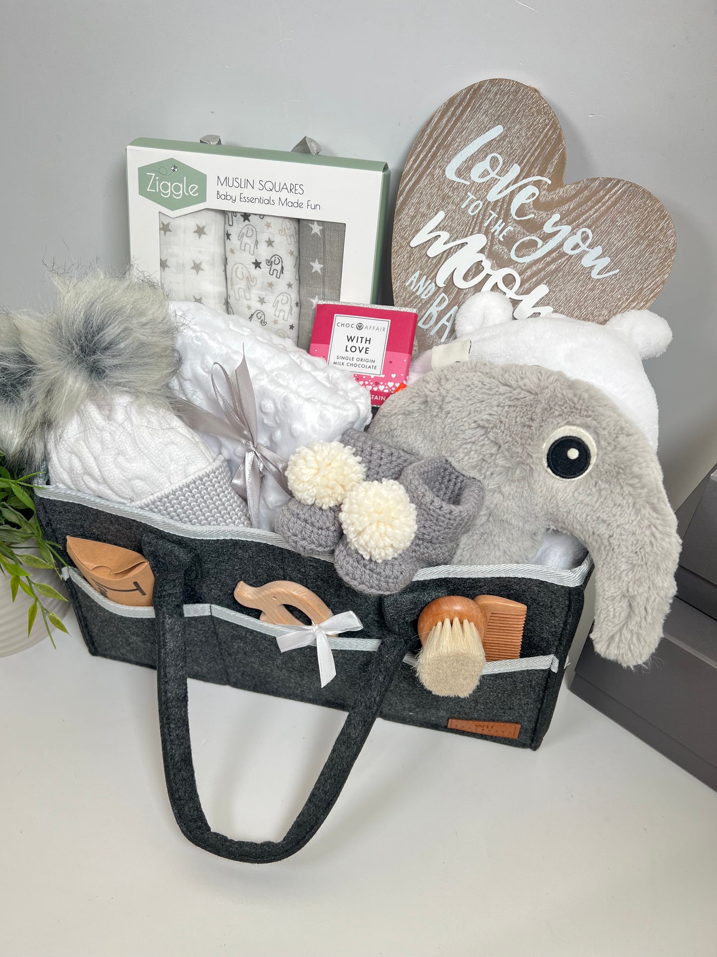 Unisex New Baby Nappy Caddy Hamper Done by Deer Elephant Baby Toy,Baby Dressing Gown, Ziggle Baby Muslins, Corporate Baby Gifts, Baby Shower Presents, New Mummy Gifts.