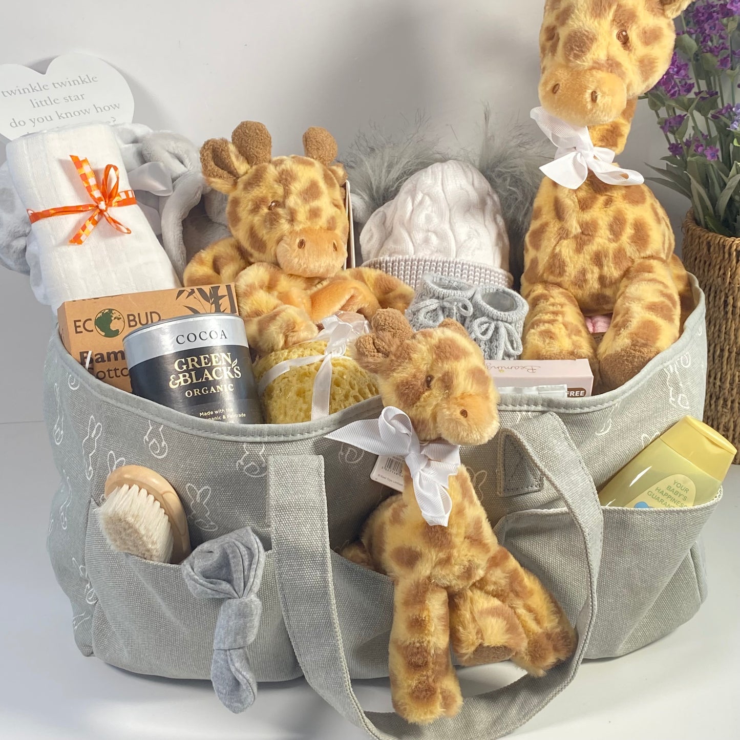 Twins Unisex Baby Hamper, Nappy Caddy, Giraffe Gifts, Baby Comforter, Baby Blanket, Eco Baby Essentials, Baby Dressing Gown, Corporate Baby Hamper, New Parents Gifts, New Mum Gifts.