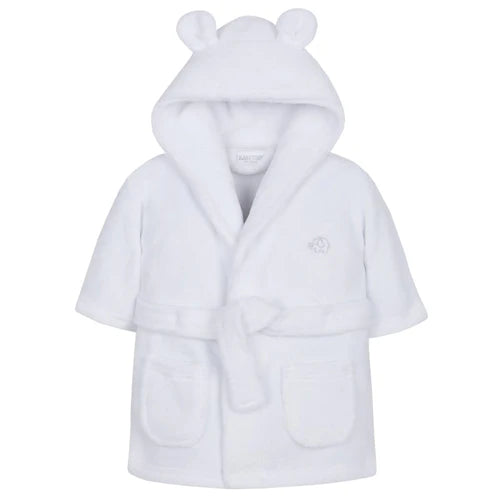 A white plush hooded bathrobe with bear ears on the hood, a tie belt, and front patch pockets, shown on a plain white background.