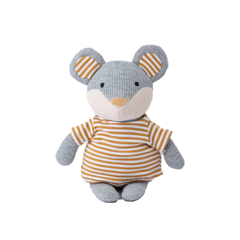 Stuffed toy mouse with a striped shirt on a white background