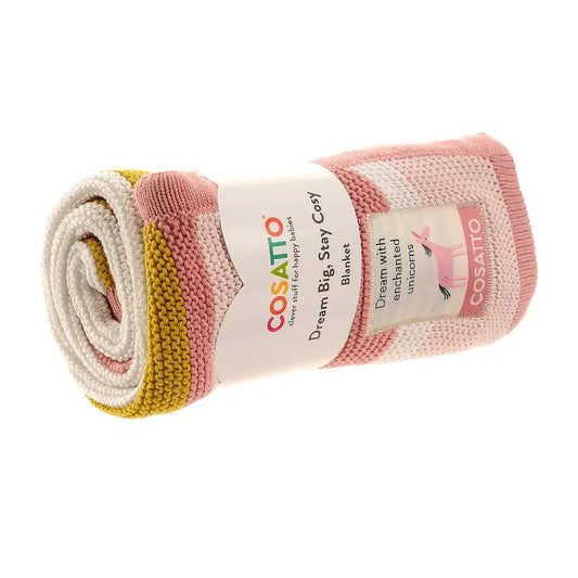 Cosatto blanket with pink and yellow stripes on a white background