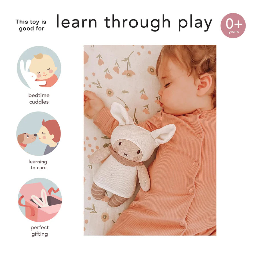 Child holding a plush toy with text indicating benefits of the toy for bedtime, learning to care, and perfect gifting.