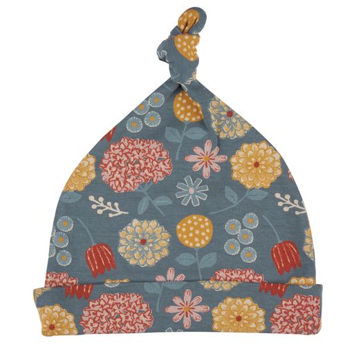 GOTS certified blue floral print organic cotton baby knot hat