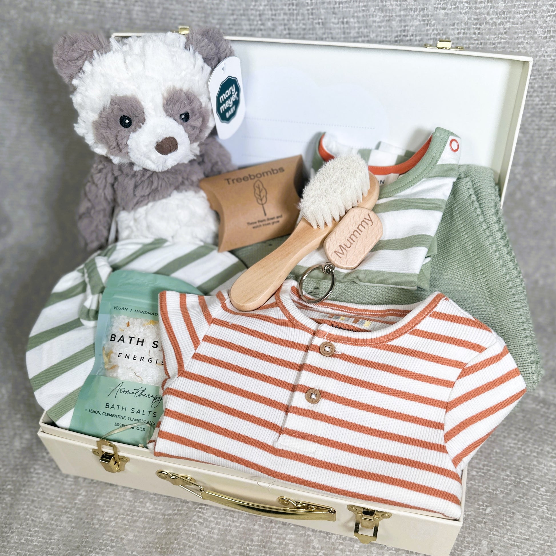 Baby gift set with clothes, plush toy, baby blanket and bath products in a baby keepsake case.