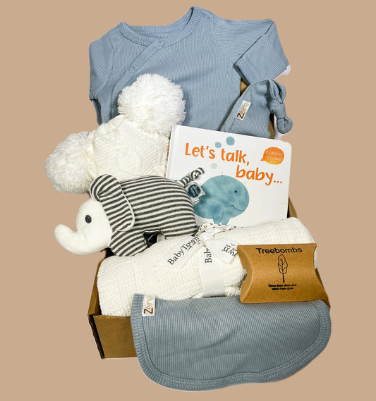 A blue baby boy hamper with a white cotton cellular baby blanket, Mary Meyer baby rattle, blue cotton baby sleepsuit, hat and bib. A white baby pompom hat and a "let talk baby " board book.