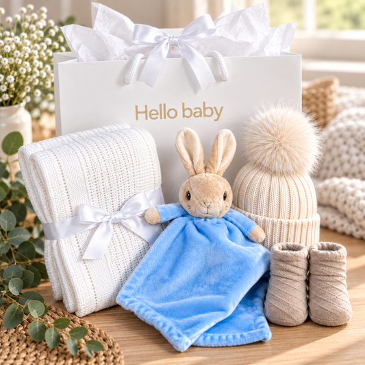 A baby gift set arranged on a wooden surface with a white 'Hello baby' gift bag, a white knit blanket tied with a white ribbon, a plush bunny lovey in a blue blanket, a cream knit pom-pom beanie, and a pair of cream booties.